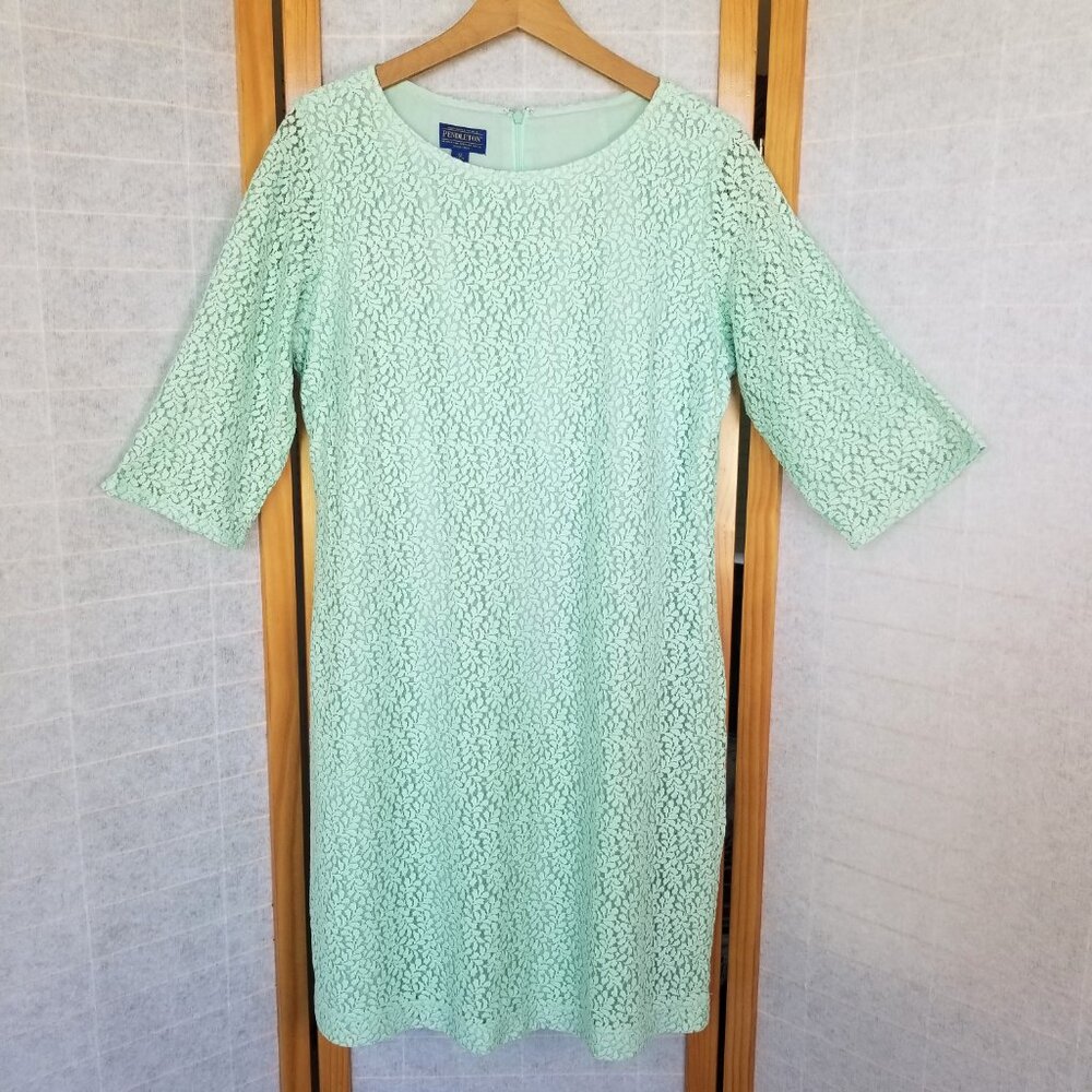 Pendleton Mint Green Lace Shift Dress Half Sleeves Size 12 Petite Lined